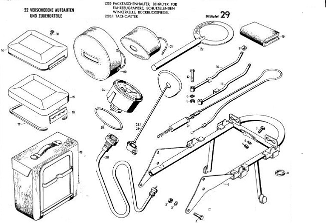 B29 - Tachometer, Paktschenhalter, Behalter für Fahrzeugpapiere, Ruckblickspiegel und winkerkelle